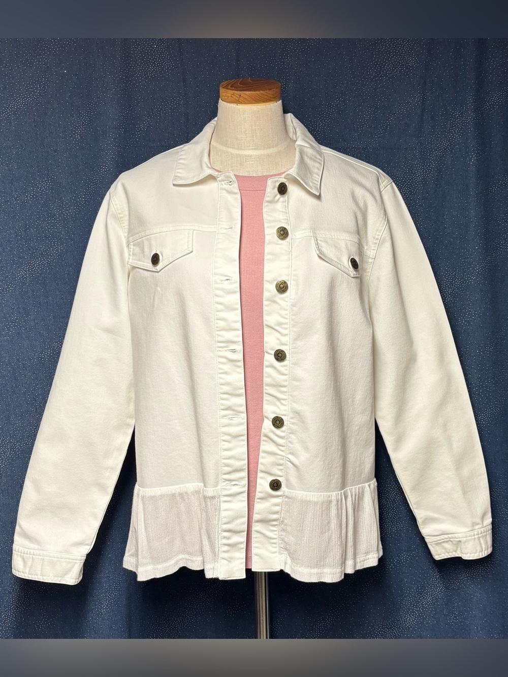 Simply Noelle White Button-Front Peplum Denim Jacket L-XL